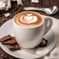 Tasse Cappuccino mit Herz-Latte-Art und Stück Schokolade
