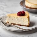 Stück Käsekuchen mit Himbeeren auf einem Teller
