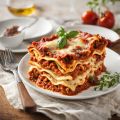 Portion Lasagne mit Tomatensoße, Käse und Basilikum garniert