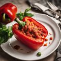 Rote Paprika mit würziger Füllung auf einem weißen Teller